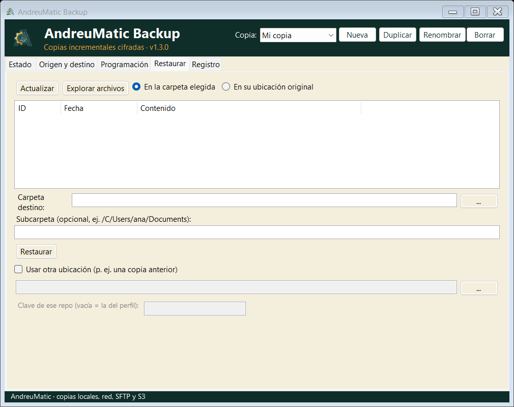 Pestaña Restaurar de AMBackup con selección de copia, destino de restauración y tabla de archivos